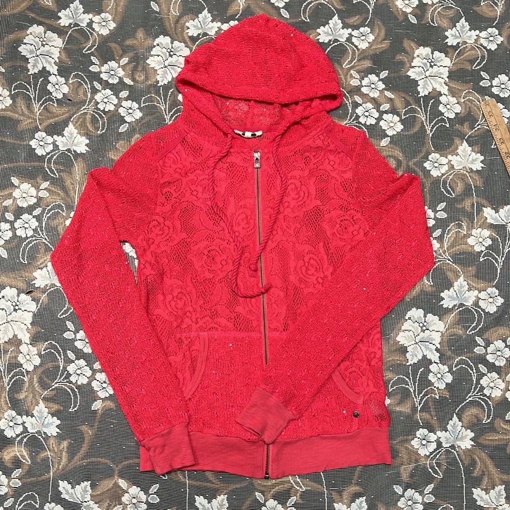 Miss Me Full Zip Floral Lace Hoodie Size S Sequin Long Sleeve Pink Cozy Knit Y2K